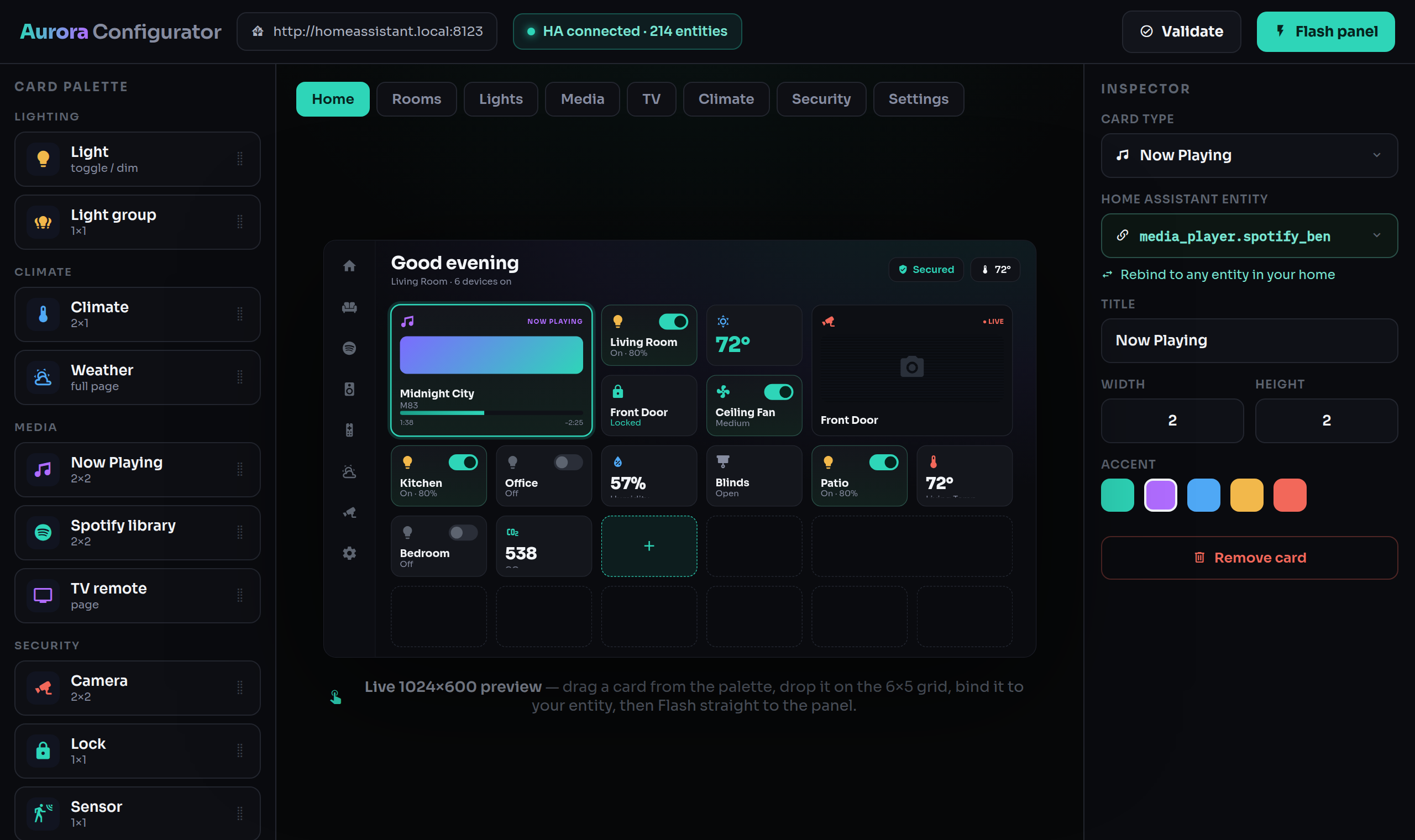 The Aurora web configurator: card palette, live device preview and entity inspector