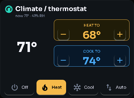 Climate / thermostat card, 3 columns by 3 rows