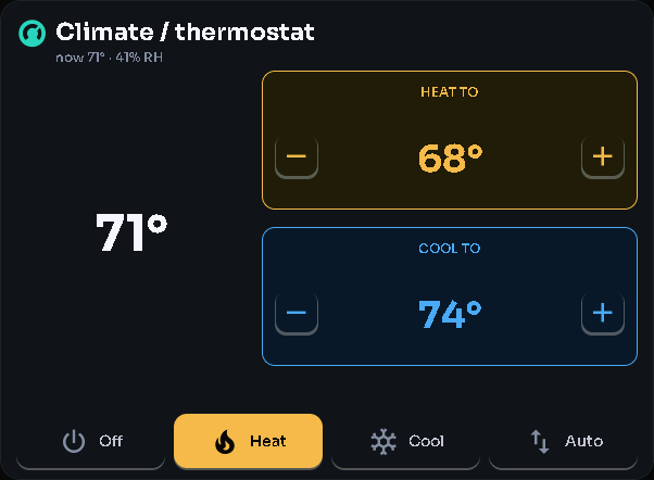Climate / thermostat card, 4 columns by 4 rows