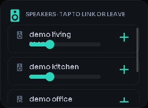 Speakers (multi-room + volume) card, 2 columns by 2 rows