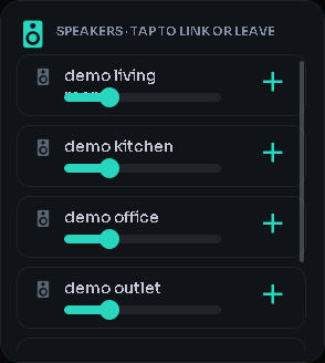 Speakers (multi-room + volume) card, 2 columns by 3 rows