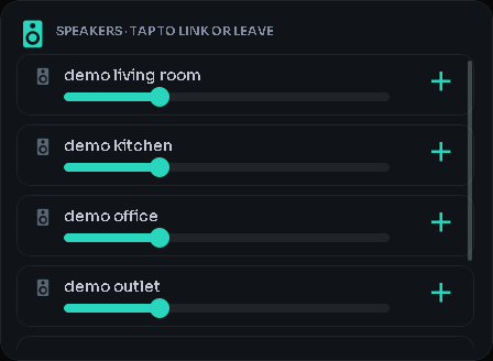 Speakers (multi-room + volume) card, 3 columns by 3 rows