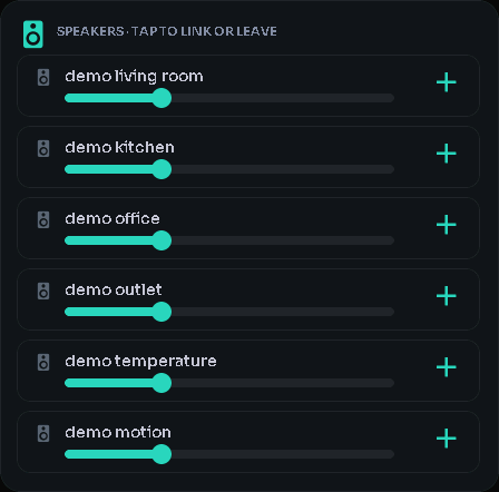 Speakers (multi-room + volume) card, 3 columns by 4 rows