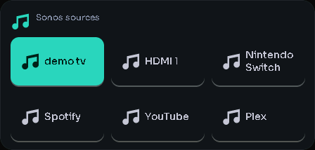 Sonos sources card, 3 columns by 2 rows