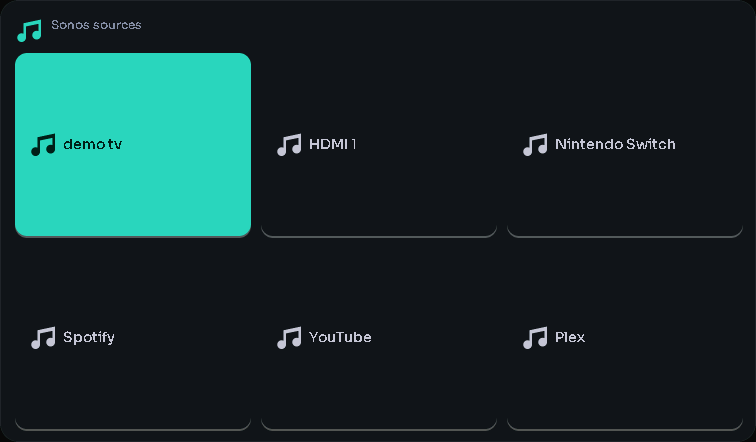 Sonos sources card, 5 columns by 4 rows