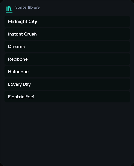 Sonos library card, 3 columns by 5 rows