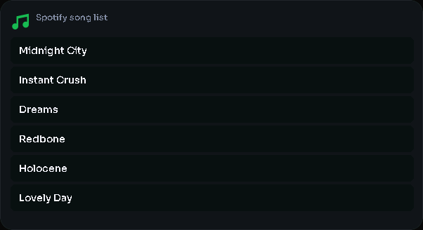 Spotify song list card, 4 columns by 3 rows