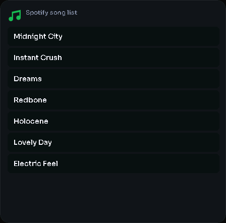 Spotify song list card, 3 columns by 4 rows