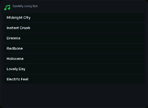 Spotify song list card, 4 columns by 4 rows