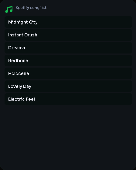 Spotify song list card, 3 columns by 5 rows