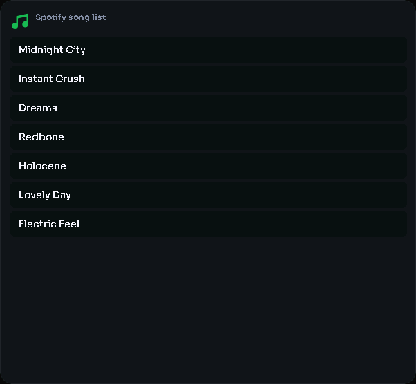 Spotify song list card, 4 columns by 5 rows