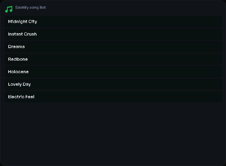 Spotify song list card, 5 columns by 5 rows