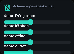 Volume — per-speaker list card, 2 columns by 2 rows