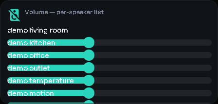 Volume — per-speaker list card, 3 columns by 2 rows