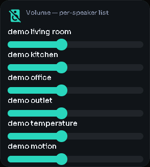 Volume — per-speaker list card, 2 columns by 3 rows