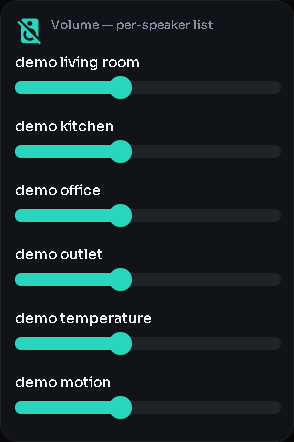 Volume — per-speaker list card, 2 columns by 4 rows