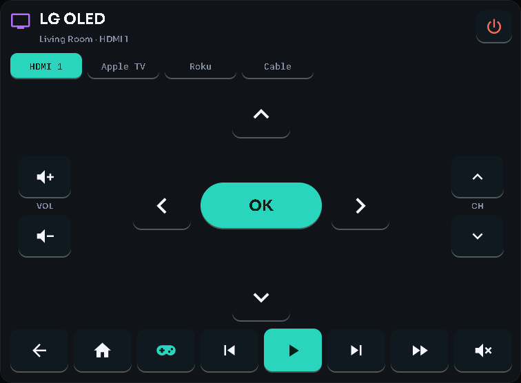 TV remote card, 5 columns by 5 rows