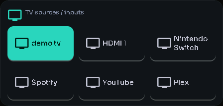 TV sources / inputs card, 3 columns by 2 rows