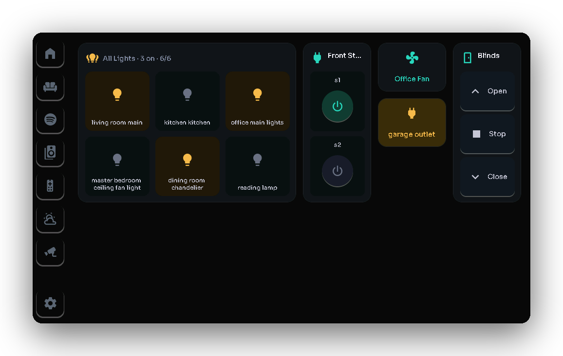 Room controls — lights, fans, switches & blinds, one tap away