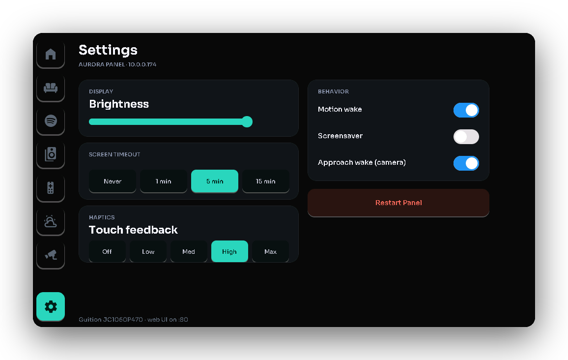 On-device settings — brightness, timeout & wake-on-approach