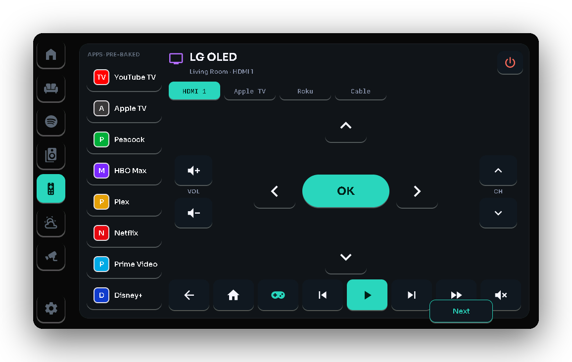 LG webOS remote — D-pad, transport & app shortcuts